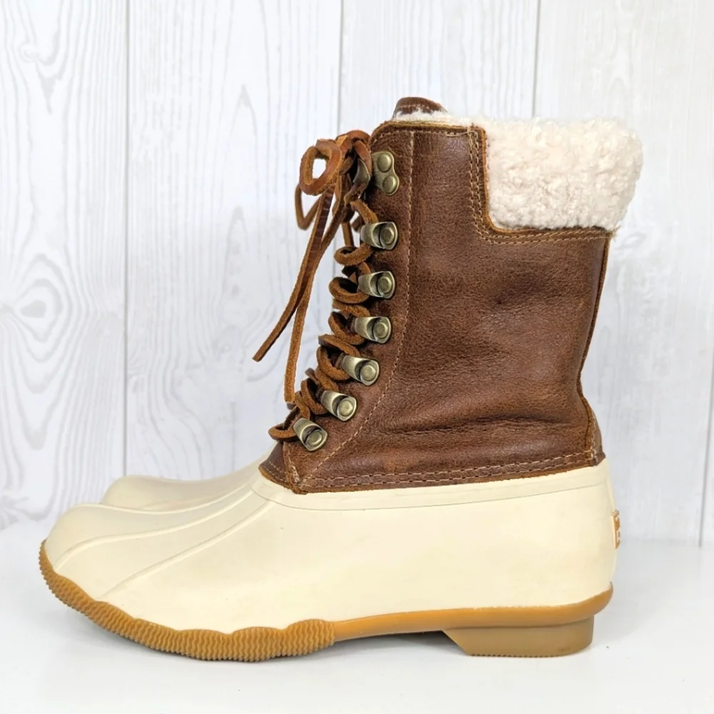 Sperry Tall Saltwater Duckboots Women's Size 6 Top Sider Brown Leather and Cream - Picture 10 of 14